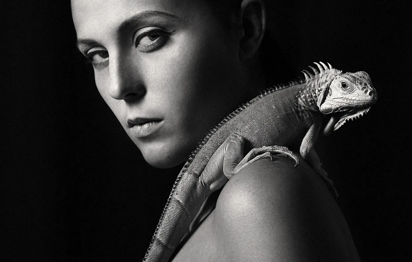 Photo wallpaper white, black, woman, iguana