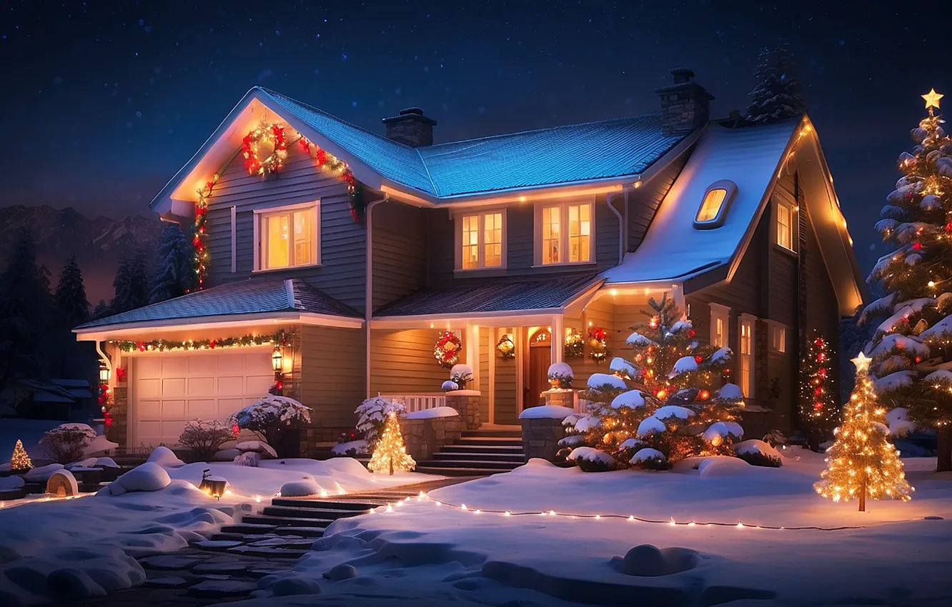 Photo wallpaper winter, snow, decoration, night, lights, house, tree, colorful