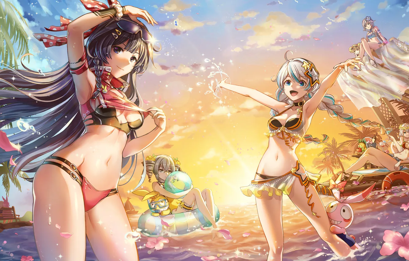 Photo wallpaper sexy, cleavage, beach, blouse, long hair, legs, sea, girls