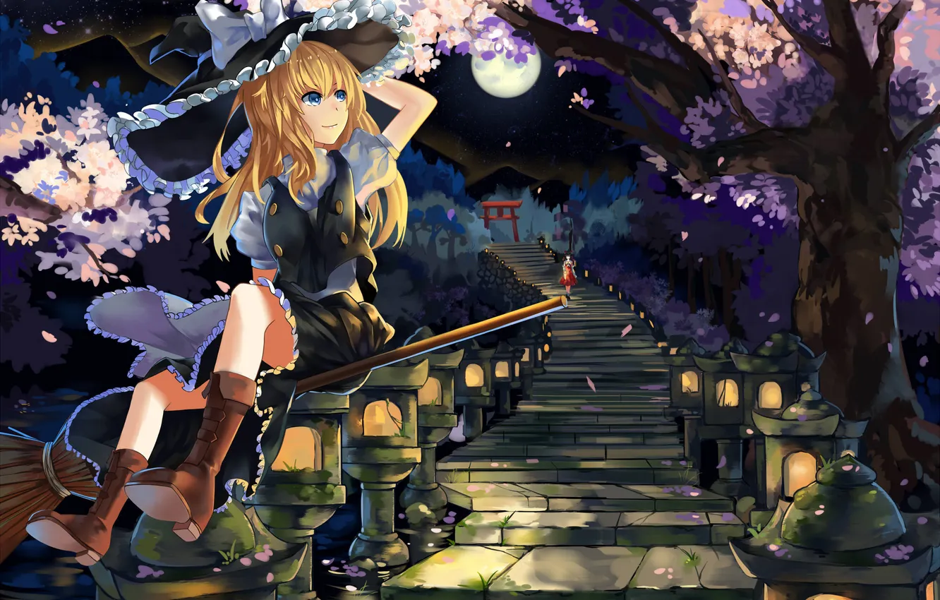 Photo wallpaper girl, stars, trees, night, the moon, home, hat, Sakura