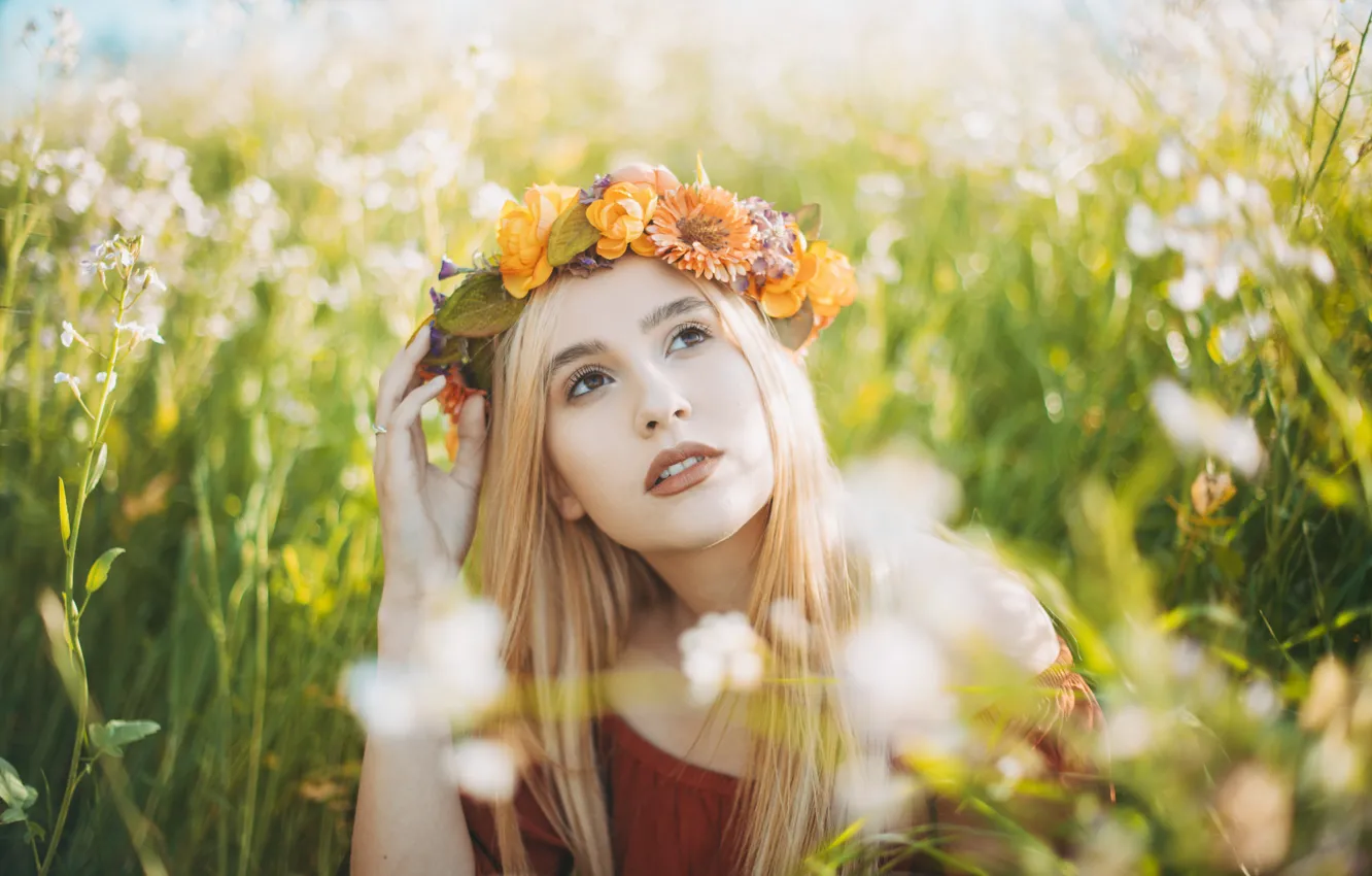 Photo wallpaper field, grass, portrait, blonde, wreath
