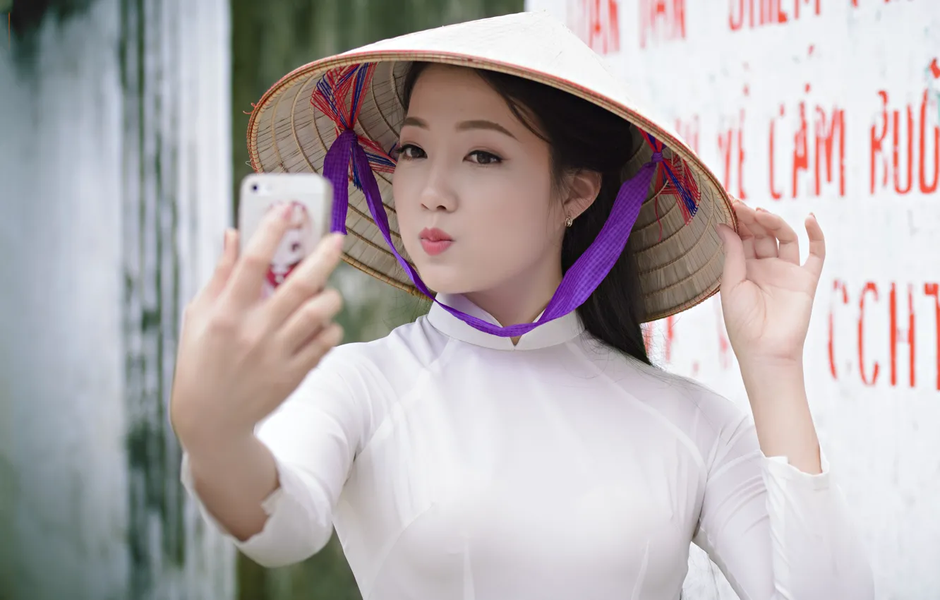 Photo wallpaper girl, face, lips, Asian, selfie, cellphones