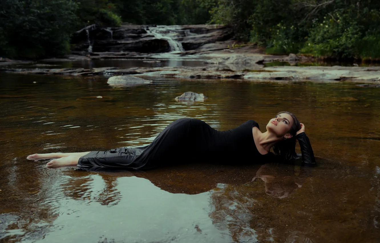 Photo wallpaper summer, water, girl, nature, pose, lake, reflection, shore