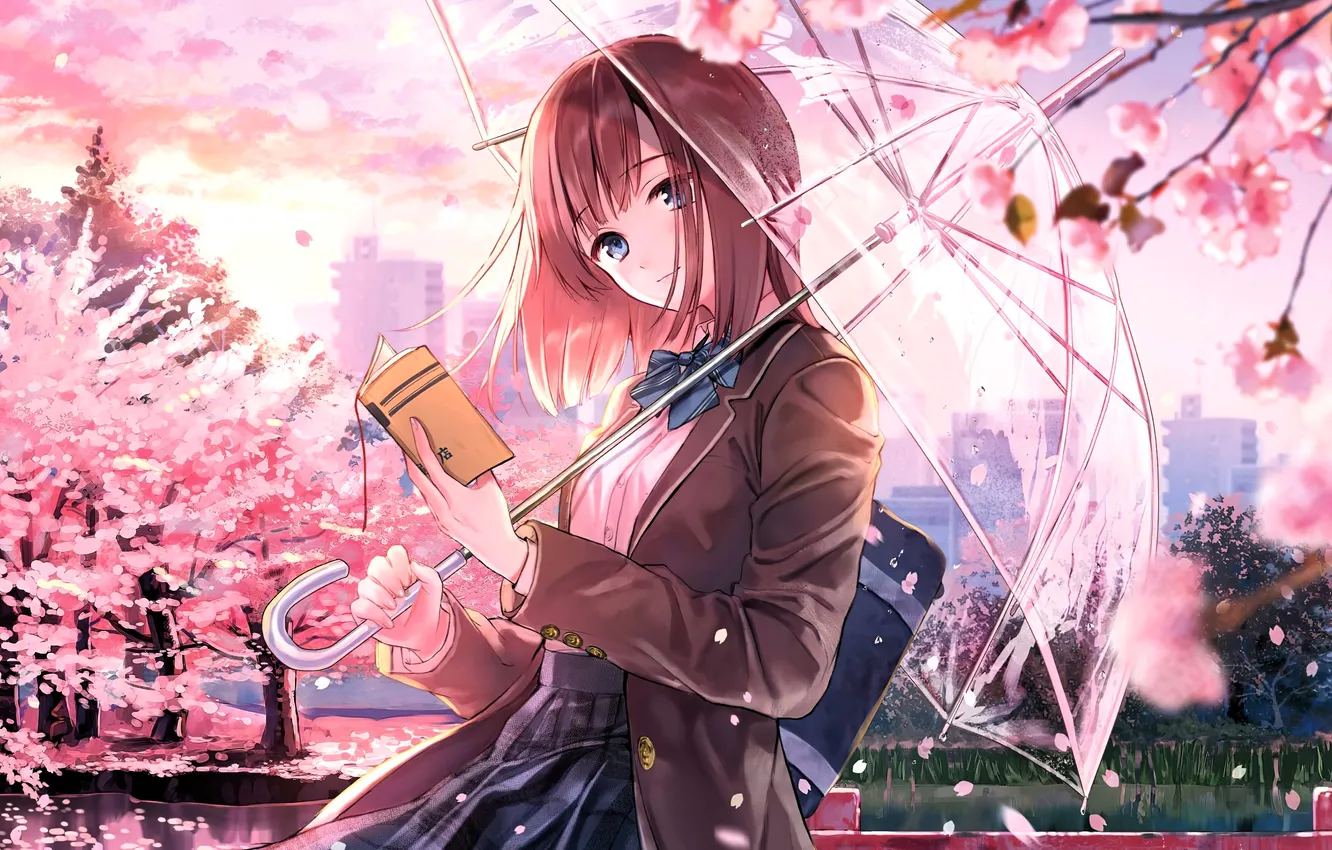 Photo wallpaper girl, umbrella, pink