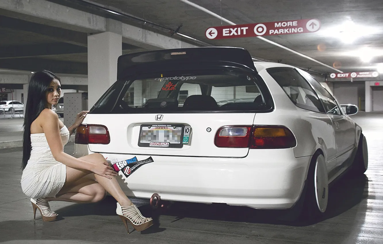 Photo wallpaper look, girl, Girls, Parking, Honda, white car