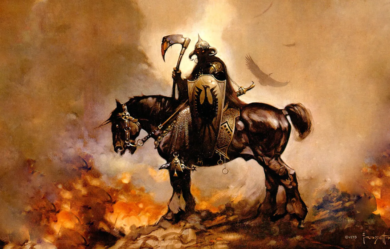 Photo wallpaper fire, horse, figure, fantasy, rider, frazetta