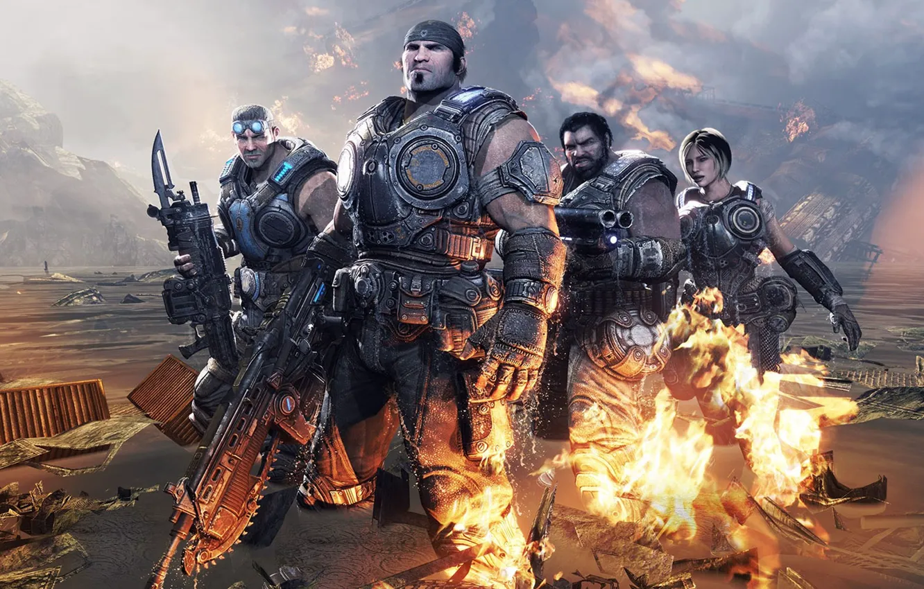 Photo wallpaper weapons, fire, team, Gears of War 3
