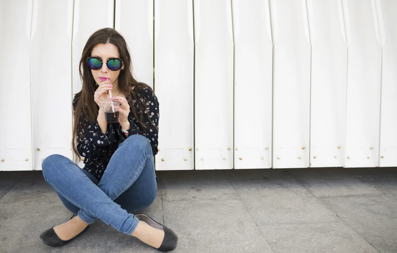 Photo wallpaper sunglasses, blouse, woman, girl, brunette, model, young, long-haired