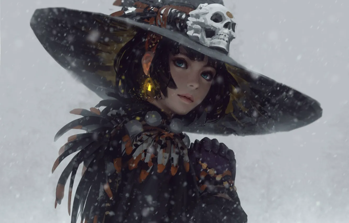 Photo wallpaper snow, haircut, skull, feathers, blue eyes, grey background, earring, in the hat