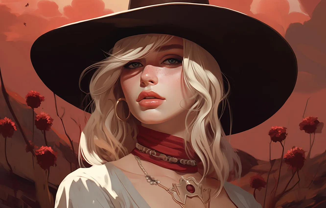Photo wallpaper look, girl, portrait, hat, cowboy, cowboy, AI art, neural network