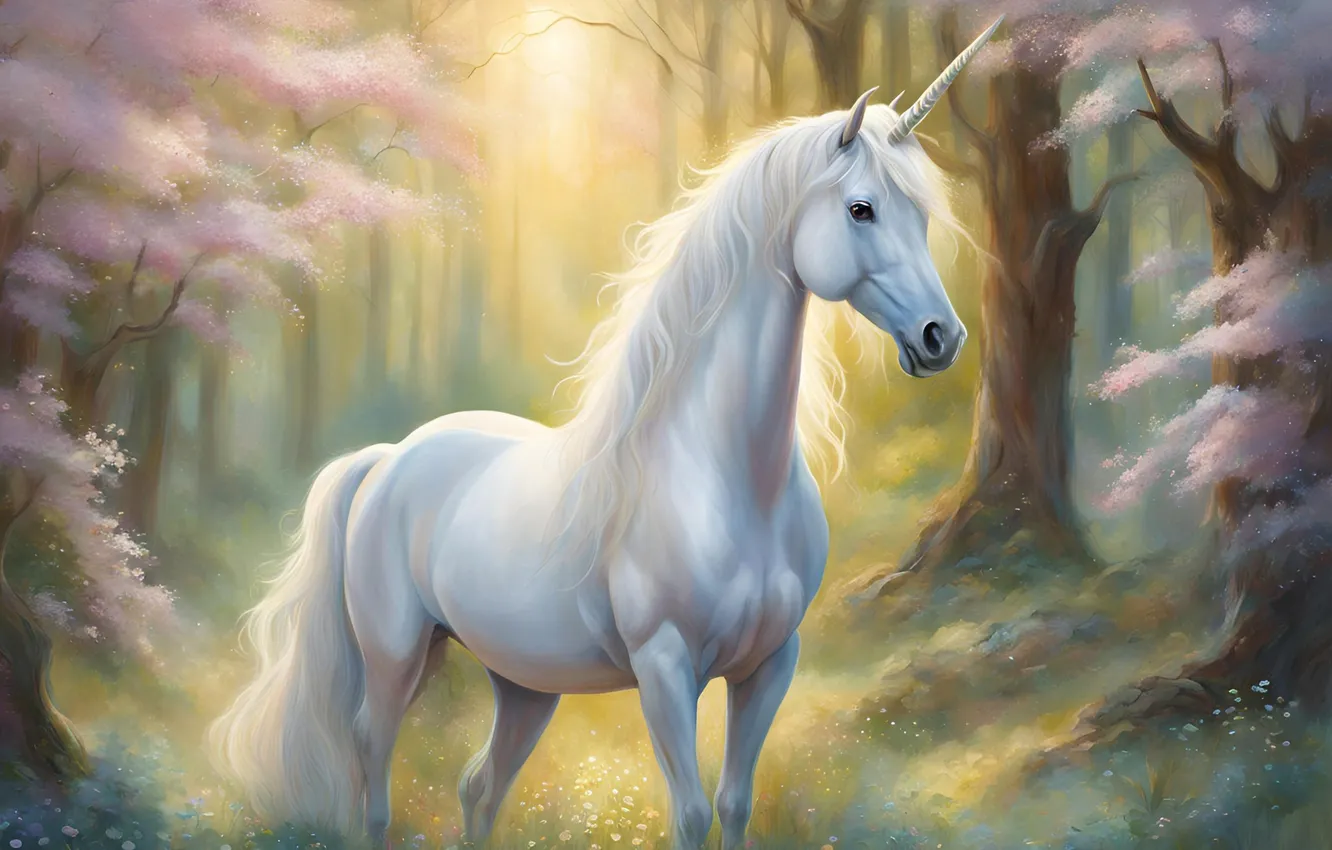 Photo wallpaper forest, white, the sun, light, trees, Park, horse, glade