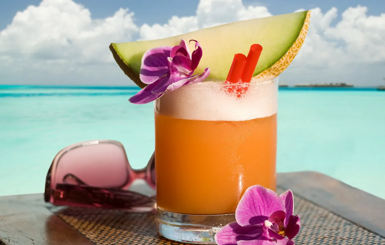 Photo wallpaper beach, summer, fruit, drinks
