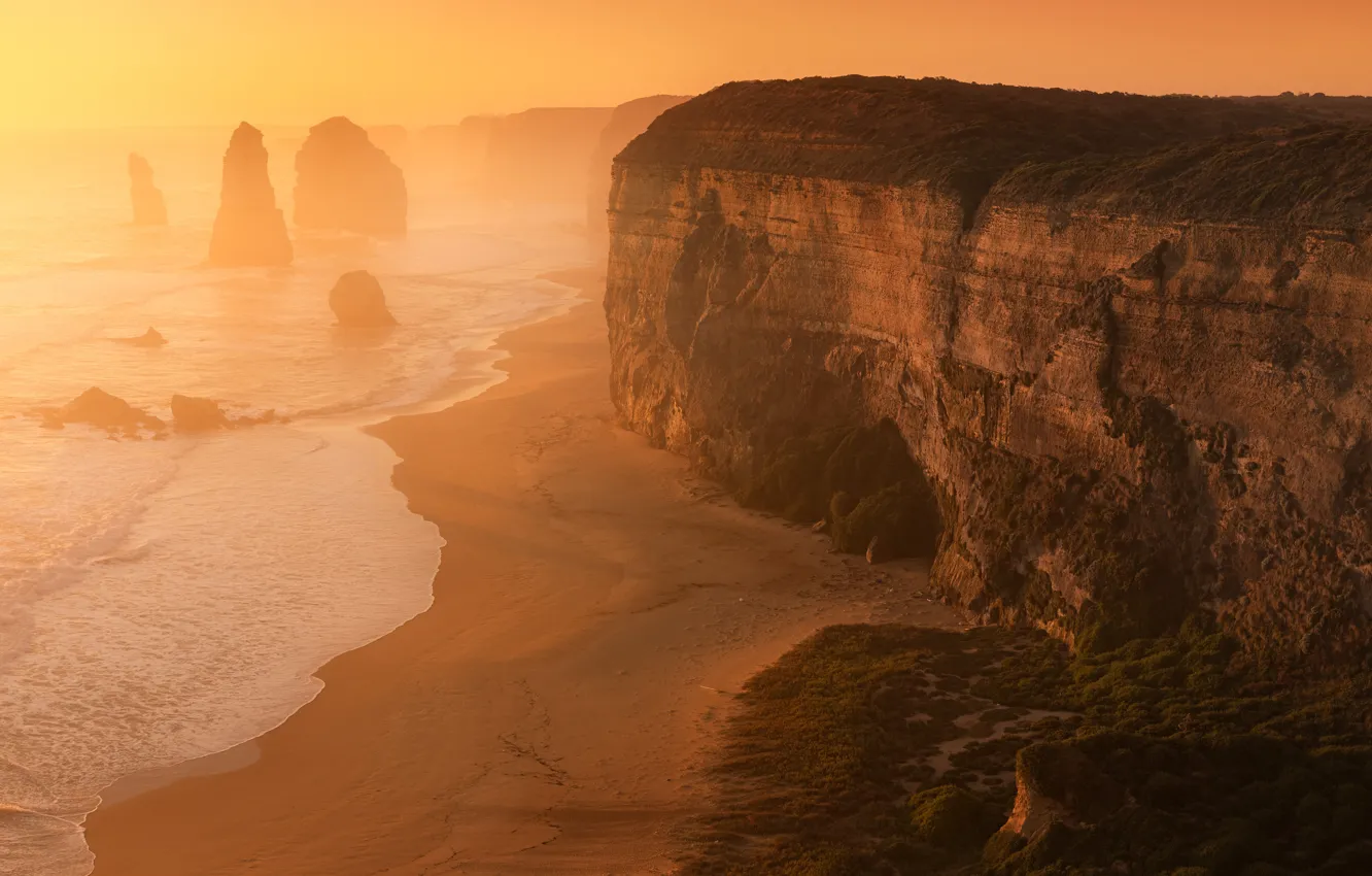 Photo wallpaper sea, beach, light, rocks, dawn, shore