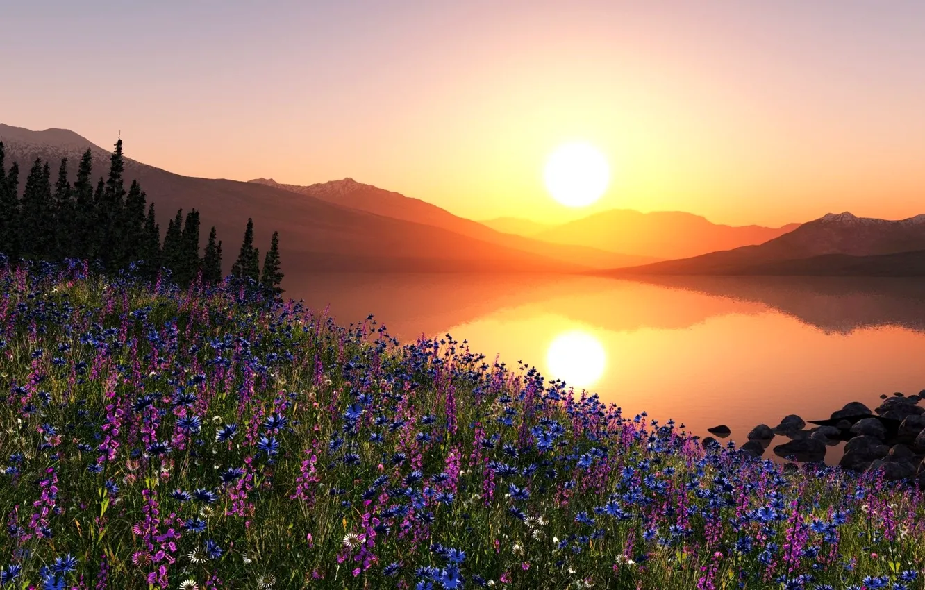 Photo wallpaper the sky, the sun, trees, sunset, flowers, mountains, slope, meadow