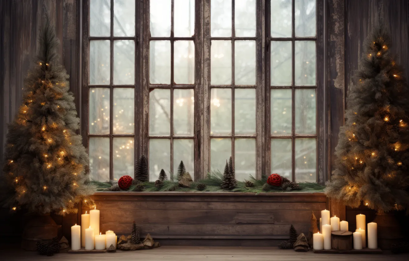 Photo wallpaper winter, branches, room, frame, new year, interior, candles, window