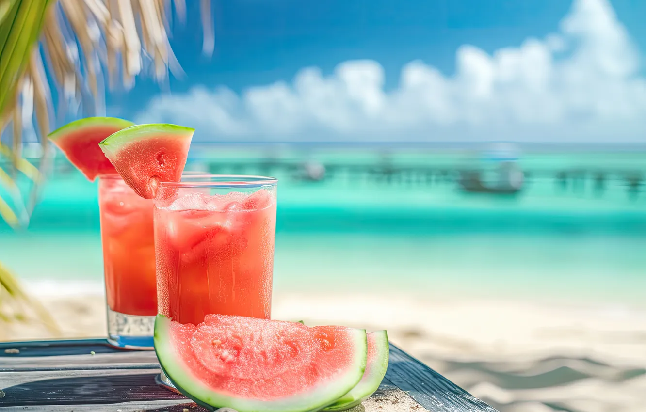 Photo wallpaper sand, sea, wave, beach, summer, the sky, palm trees, shore