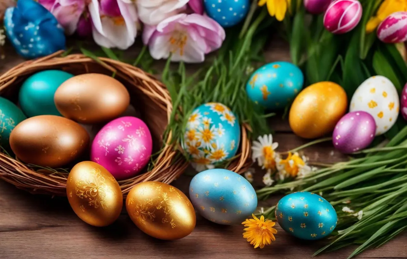 Photo wallpaper flowers, eggs, spring, colorful, Easter, flowers, spring, Easter