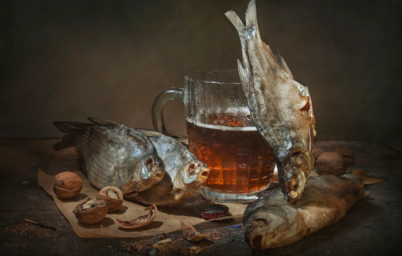 Photo wallpaper glass, beer, nuts, still life, dried fish, taranco, Vladimir Volodin, taranka