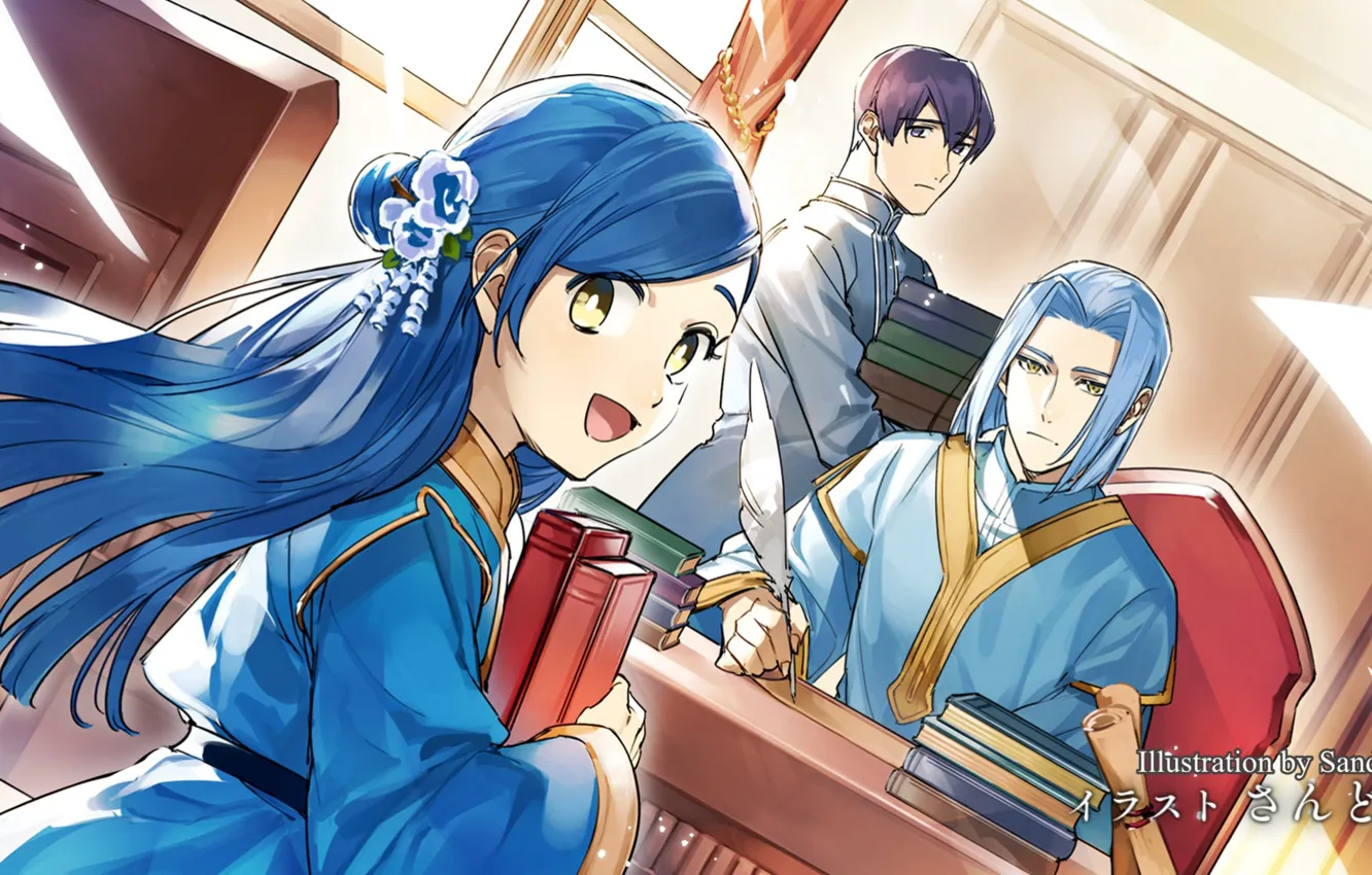 Photo wallpaper girl, table, feathers, art, guy, Ascendance of a Bookworm, Power bookworm