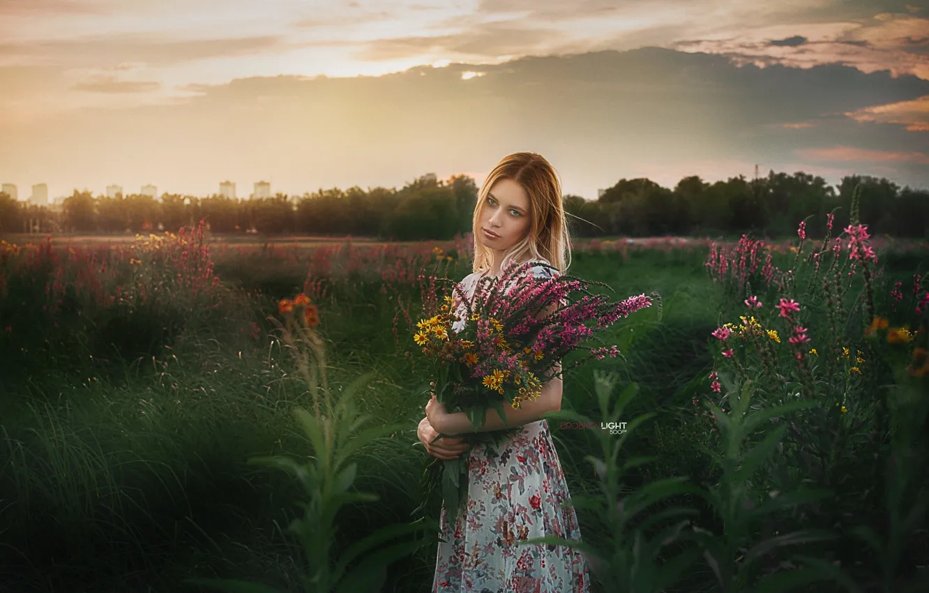 Photo wallpaper grass, girl, flowers, dress, blonde, Alexander Drobkov-Light, Zoya Kuznetsova