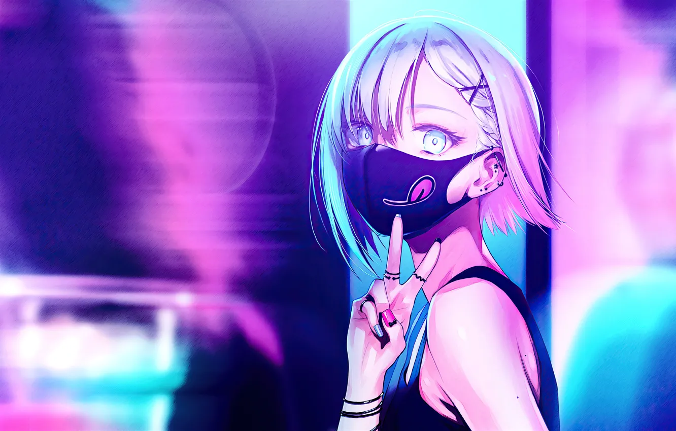 Photo wallpaper girl, smile, mask, anime girl, coloful, peace sign