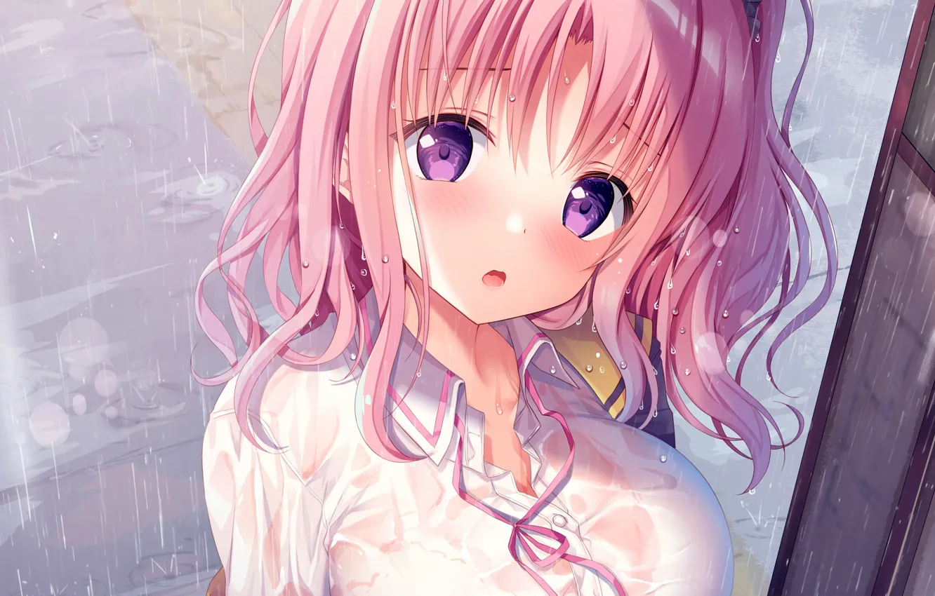 Photo wallpaper girl, sexy, rain, pink hair, long hair, boobs, anime, beautiful