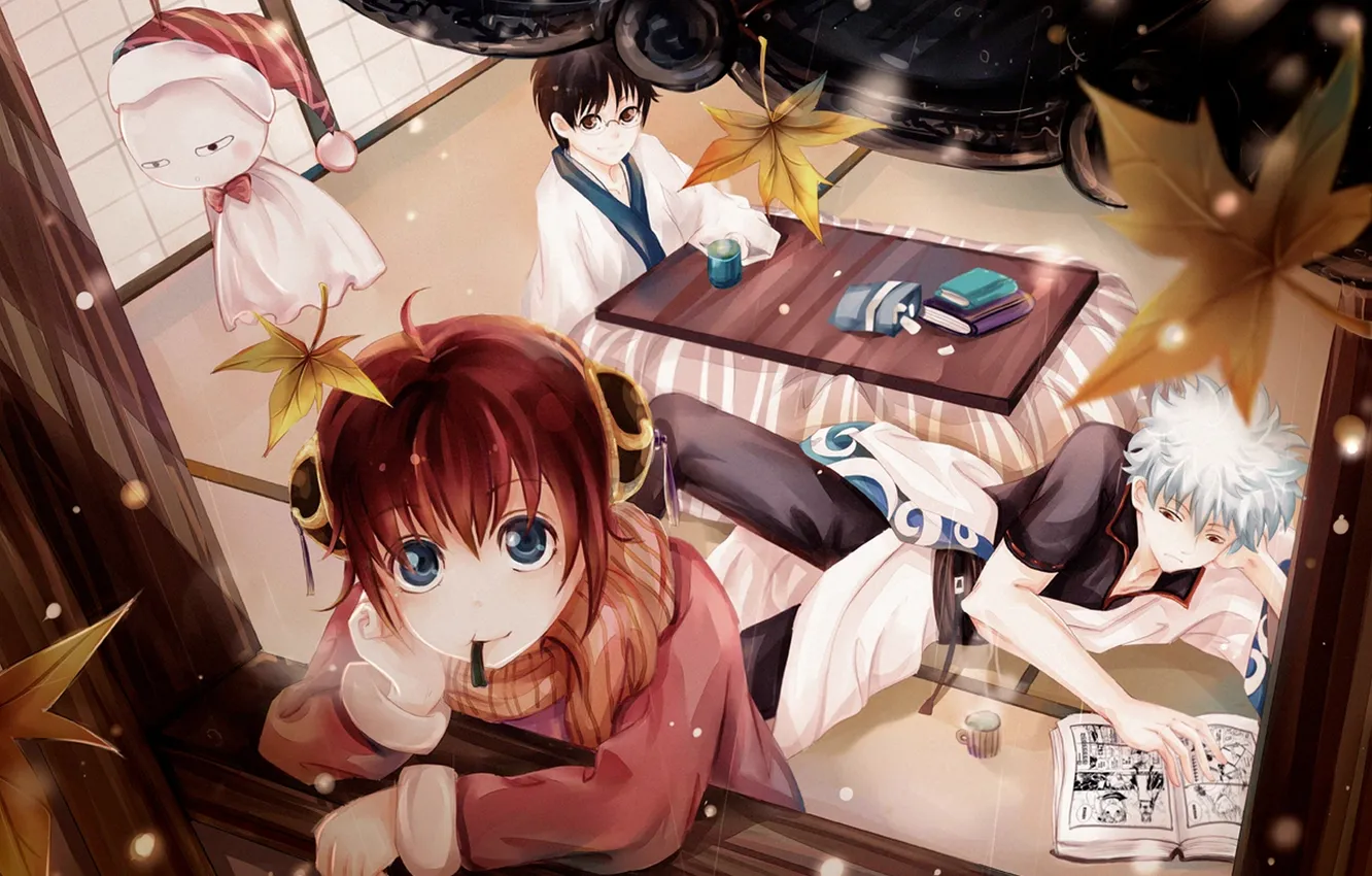 Photo wallpaper leaves, girl, snow, home, anime, art, book, guy