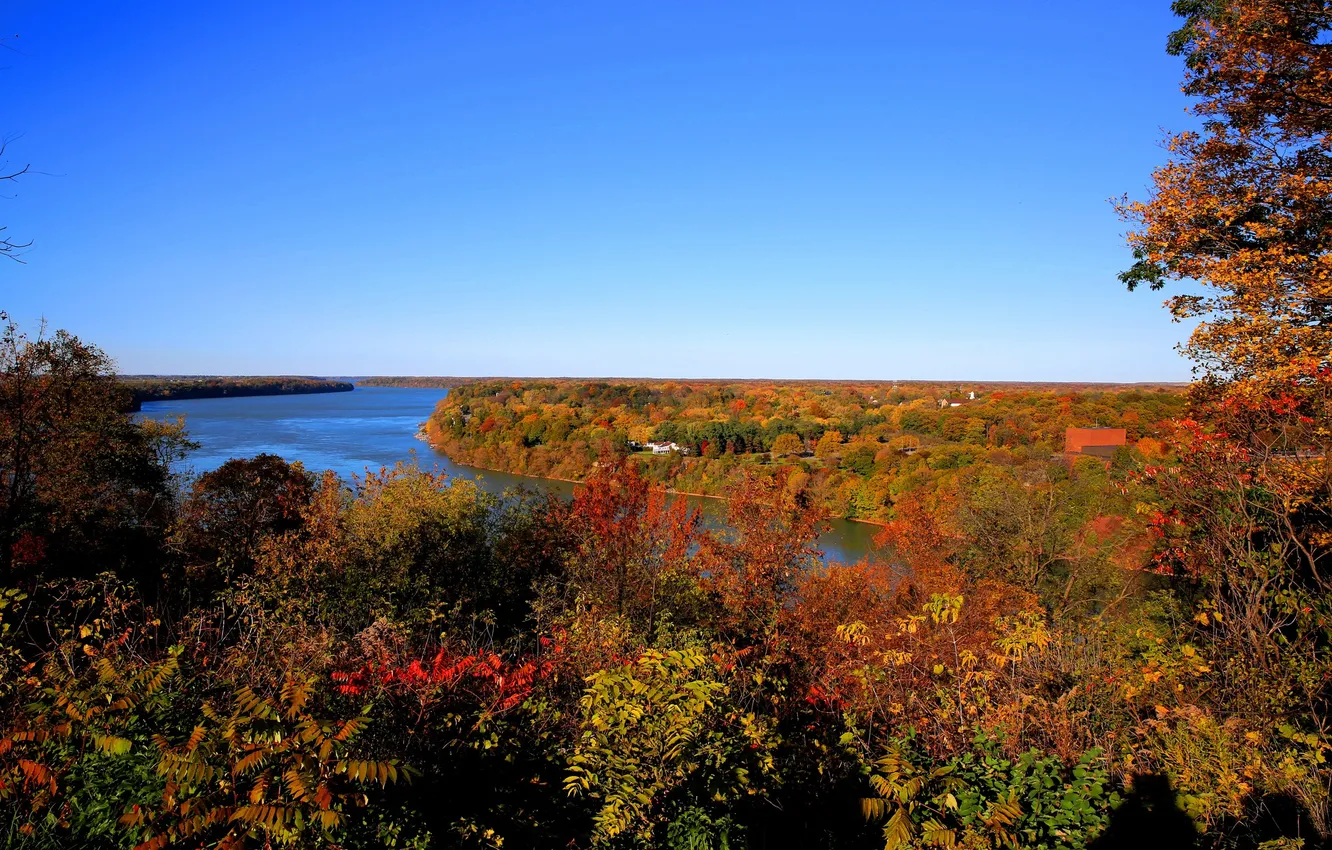 Photo wallpaper autumn, forest, the sky, trees, paint, Canada, the Niagara river