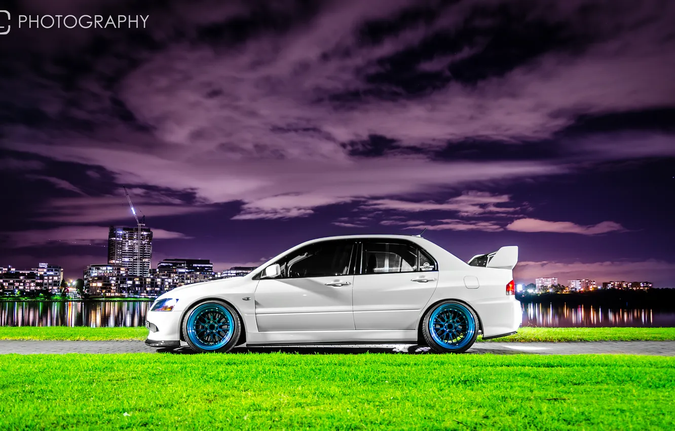 Photo wallpaper white, night, the city, lights, Mitsubishi, Lancer, Evolution, evo