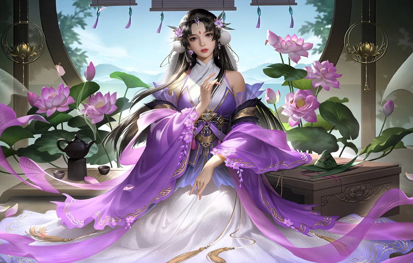 Photo wallpaper girl, Asia, Lotus, China