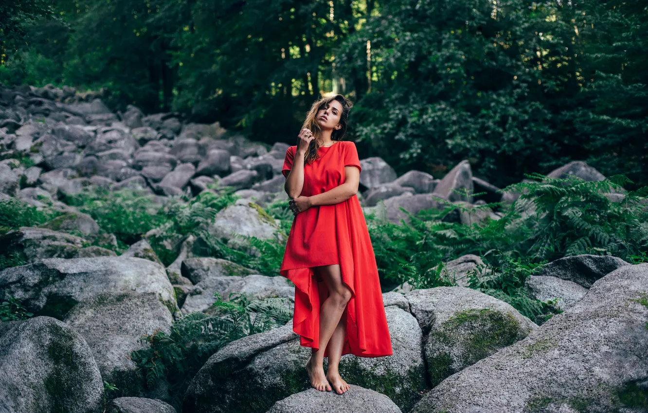 Photo wallpaper girl, stones, red dress