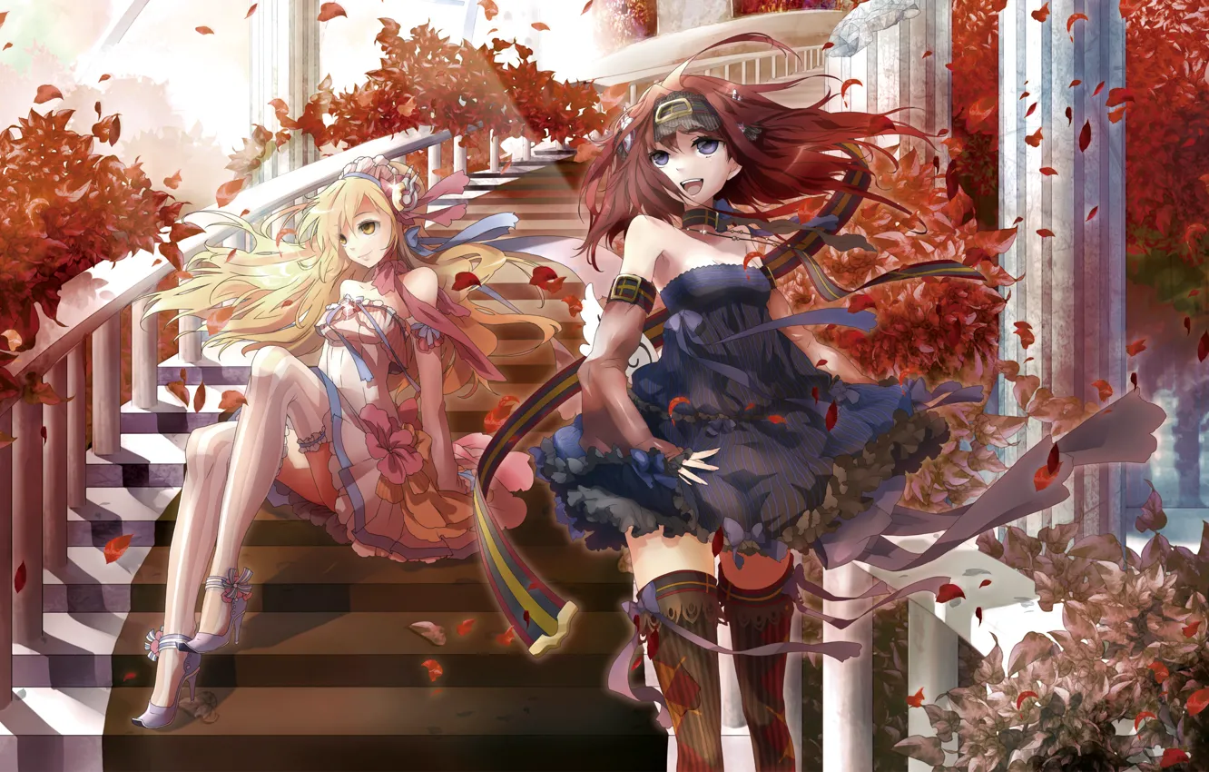 Photo wallpaper autumn, leaves, tape, emotions, girls, the wind, stockings, ladder