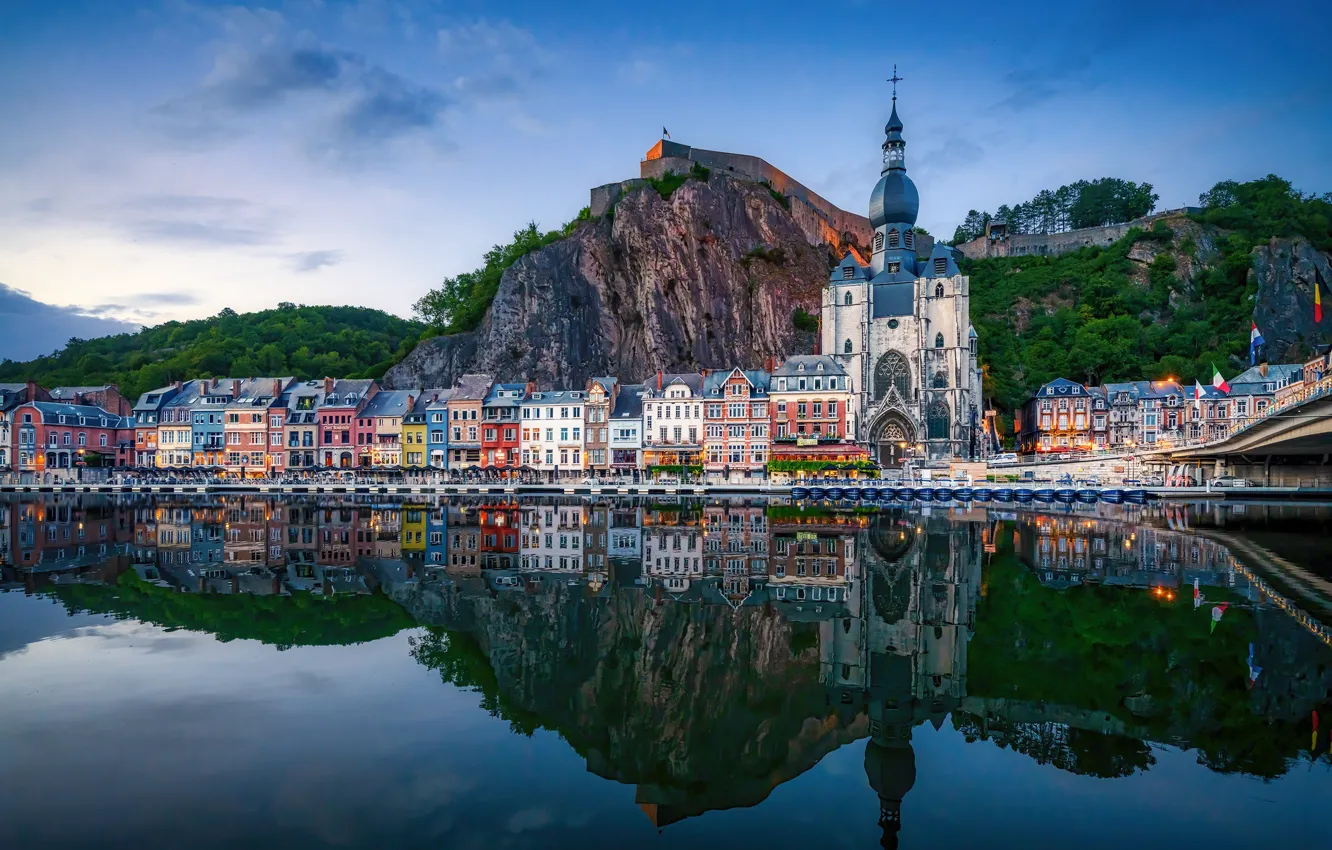 Photo wallpaper mountains, reflection, river, rocks, building, home, Church, Belgium