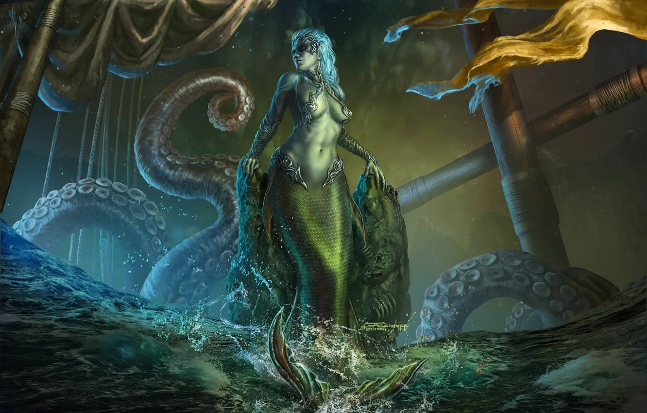 Photo wallpaper sea, tentacles, Siren, mast, Siren, Art Edit