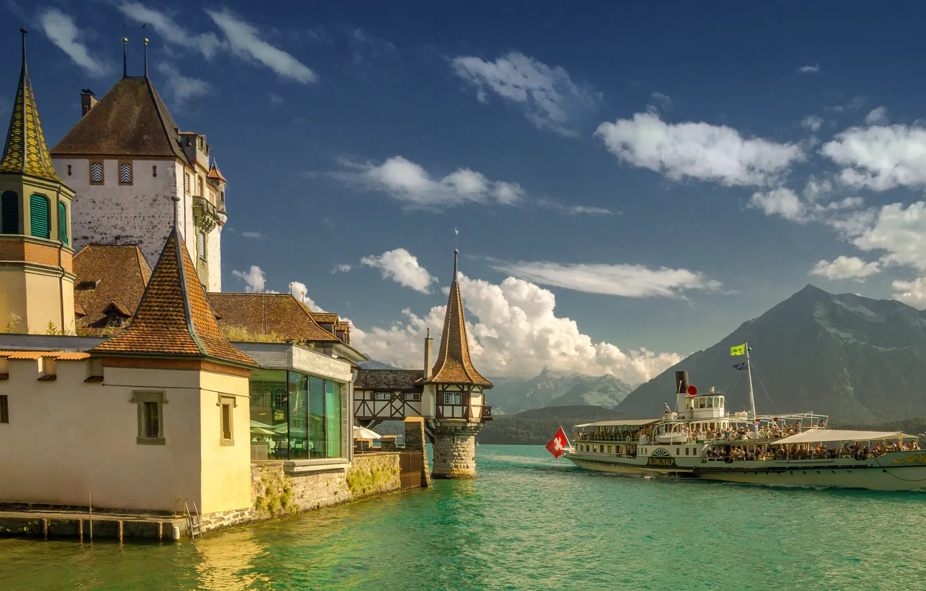 Photo wallpaper mountains, lake, castle, Switzerland, the Canton of Bern, Oberhofen Castle
