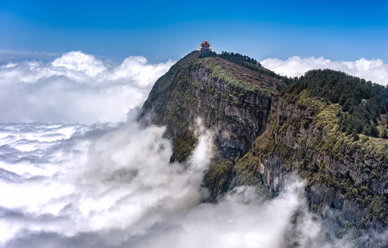 Photo wallpaper clouds, mountains, fog, blue, Asia, height, pagoda
