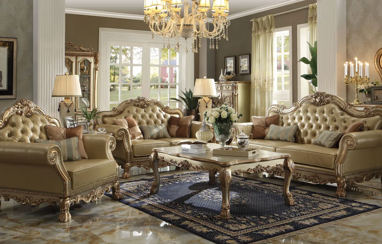 Photo wallpaper design, room, sofa, picture, chair, chandelier, living room