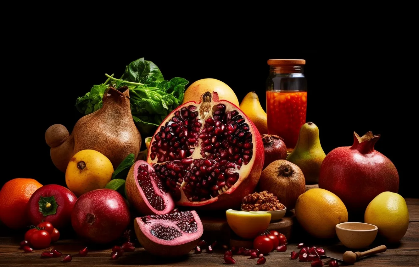 Photo wallpaper leaves, table, lemon, food, Bank, fruit, black background, still life