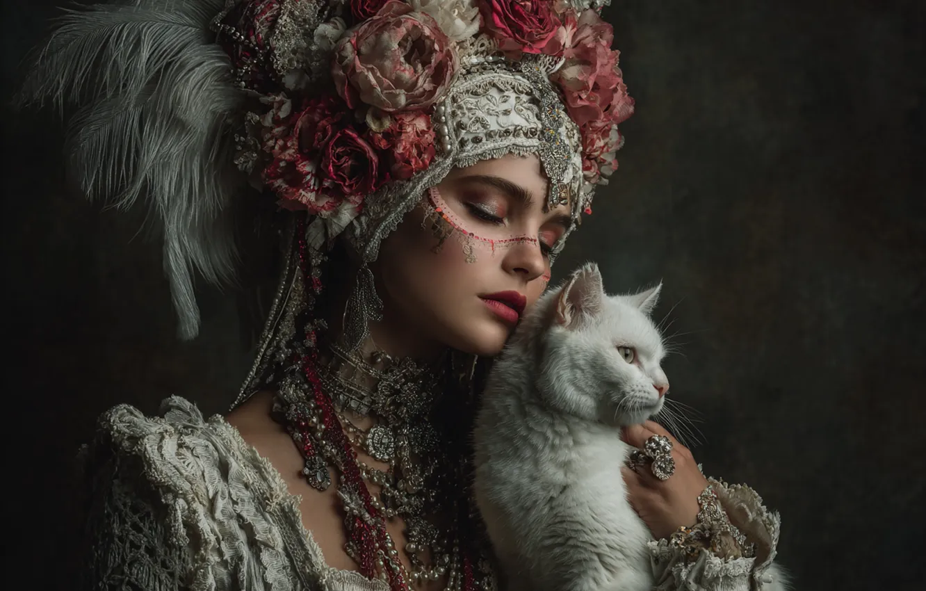 Photo wallpaper cat, white, cat, girl, decoration, flowers, the dark background, makeup