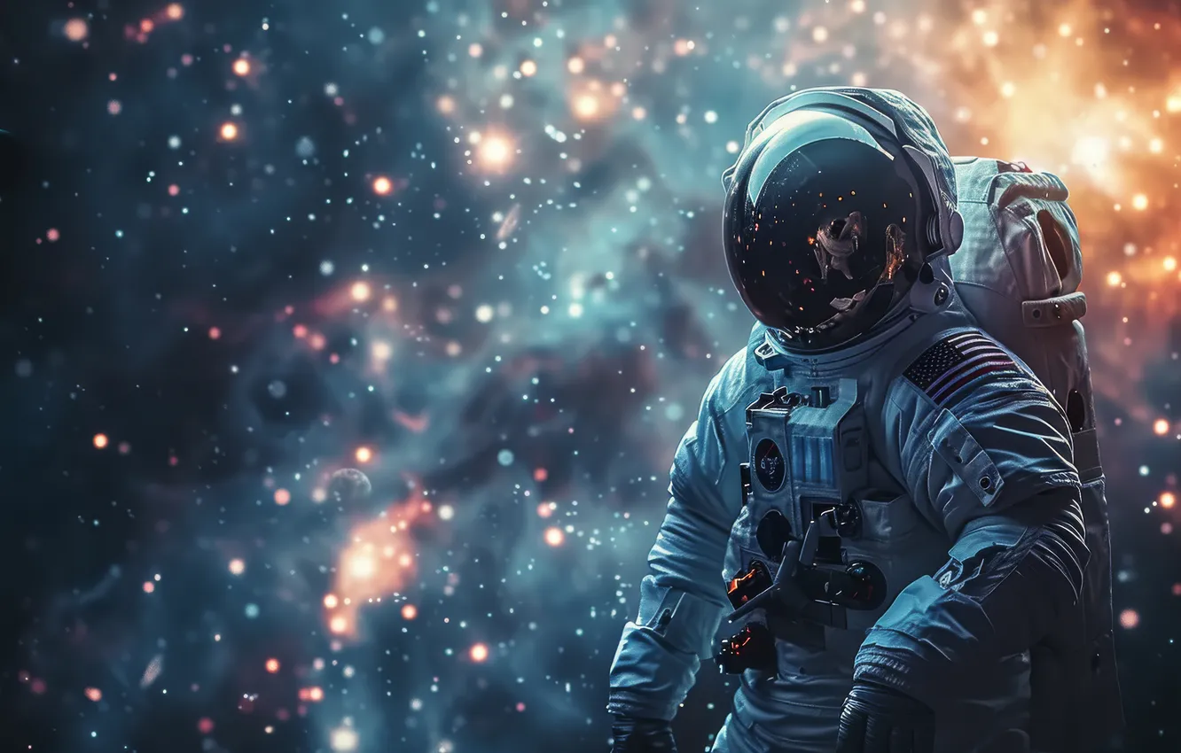 Photo wallpaper space, stars, flight, lights, fiction, people, astronaut, Galaxy