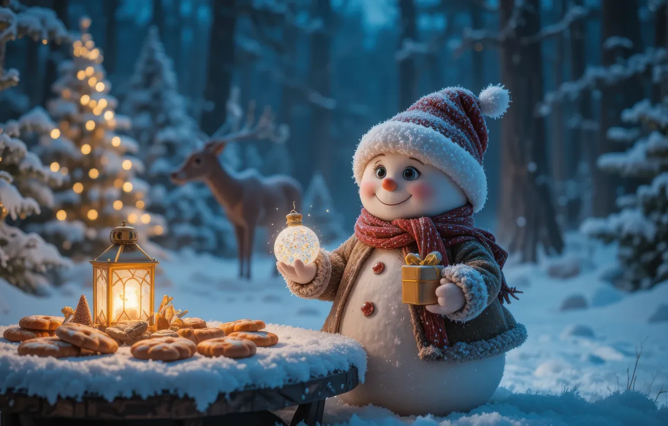 Photo wallpaper winter, forest, light, snow, night, new year, deer, cookies