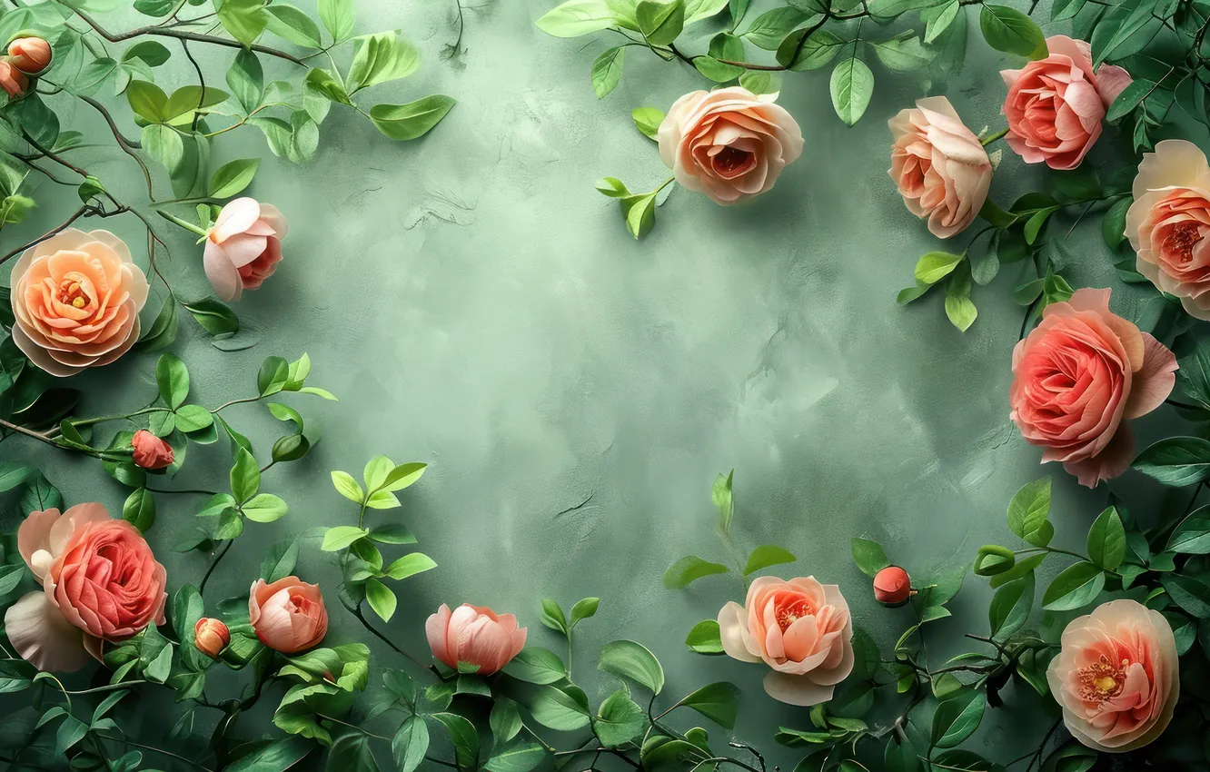 Photo wallpaper leaves, flowers, roses, frame, green background, composition, AI art, neural network