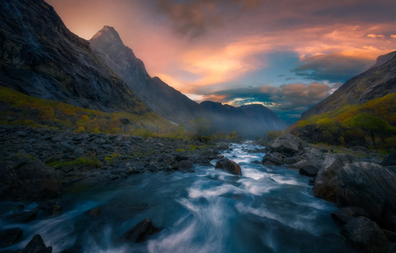Photo wallpaper mountains, river, Norway, Norway, Romsdalen, Isterdalen