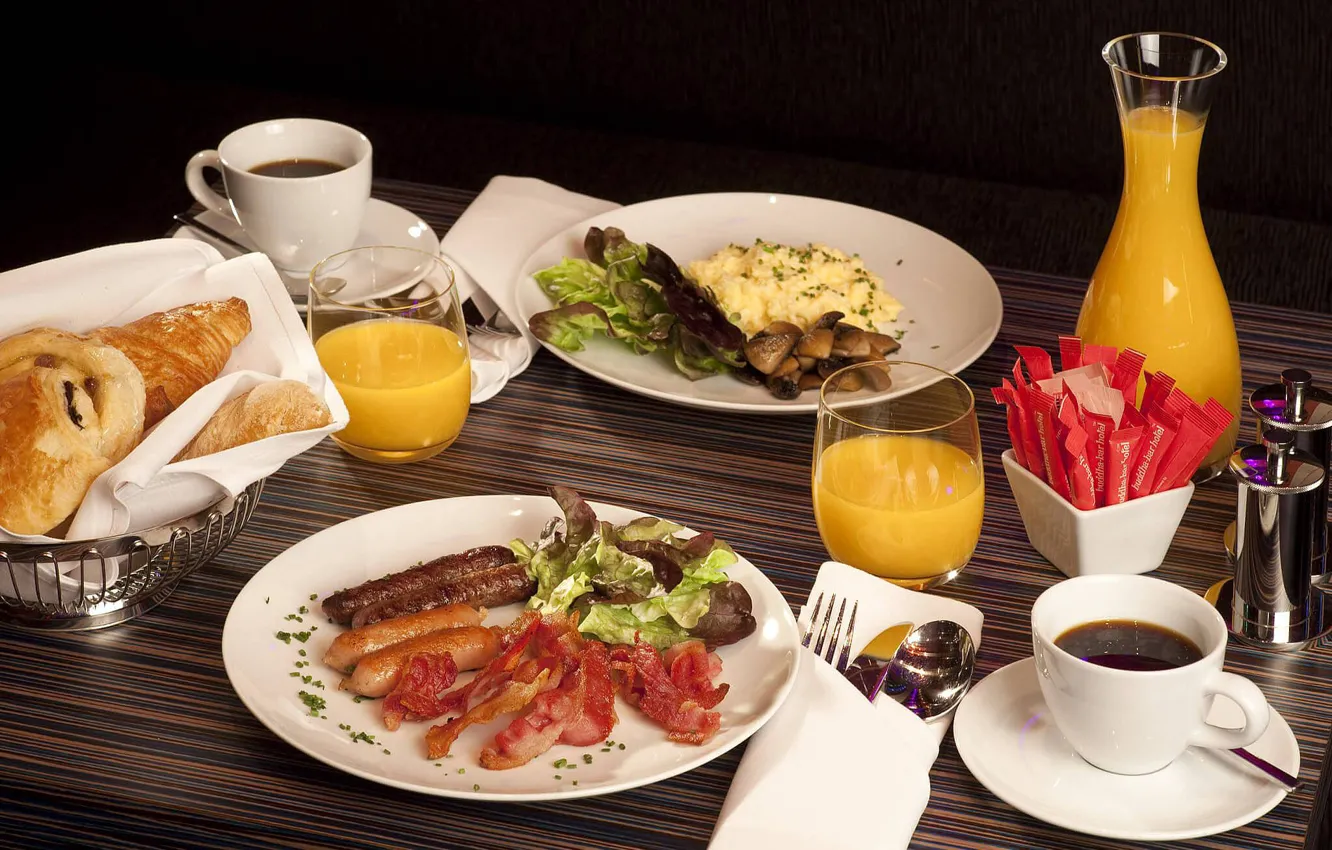 Photo wallpaper sausage, coffee, juice, cakes, bacon, cuts