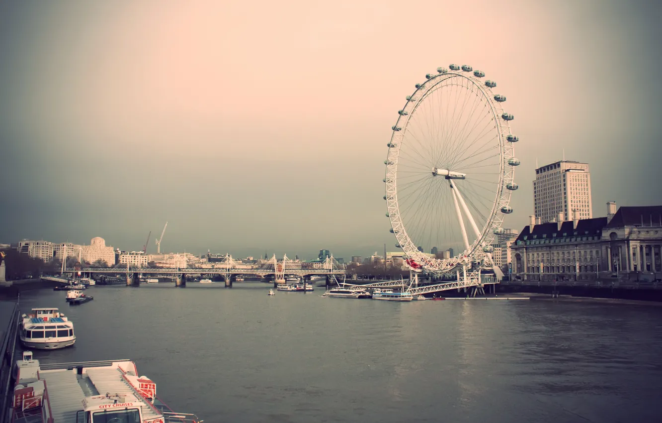 Photo wallpaper the sky, the city, river, building, home, London, Ferris wheel, UK