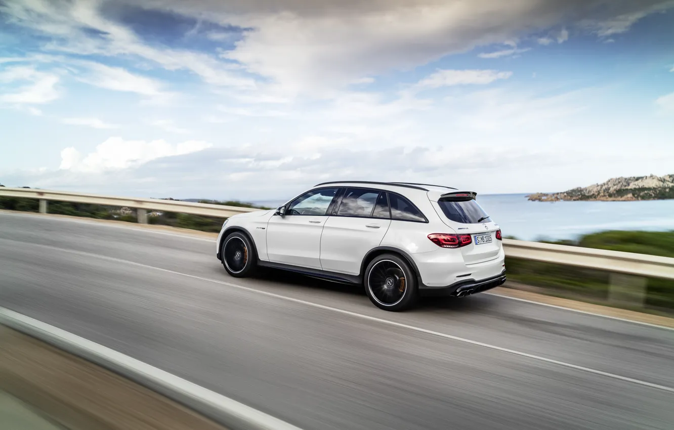 Photo wallpaper road, coast, Mercedes-Benz, speed, side view, AMG, crossover, GLC
