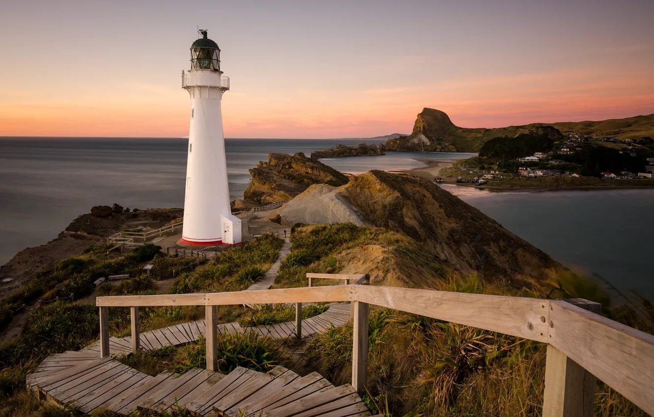 Photo wallpaper landscape, nature, the ocean, shore, lighthouse, New Zealand, ladder, Castlepoint