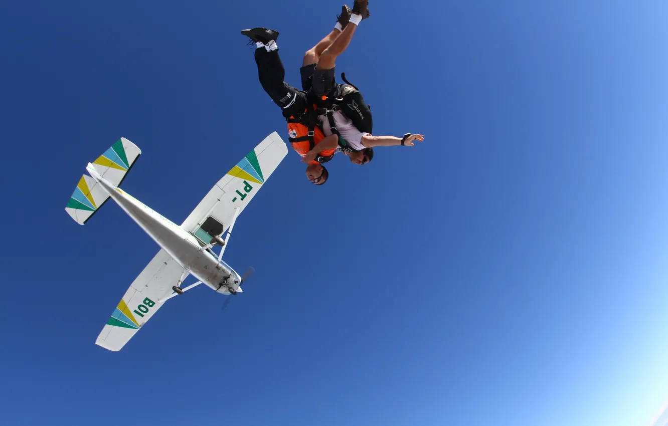 Photo wallpaper the sky, glasses, parachute, container, helmet, the plane, skydivers, tandem