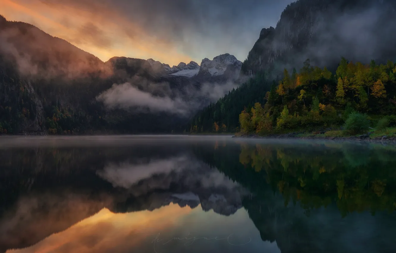 Photo wallpaper forest, mountains, nature, fog, lake