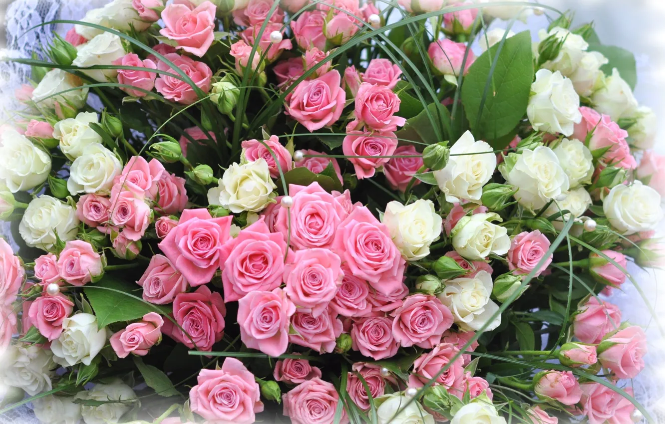 Photo wallpaper roses, bouquet, white roses, pink roses
